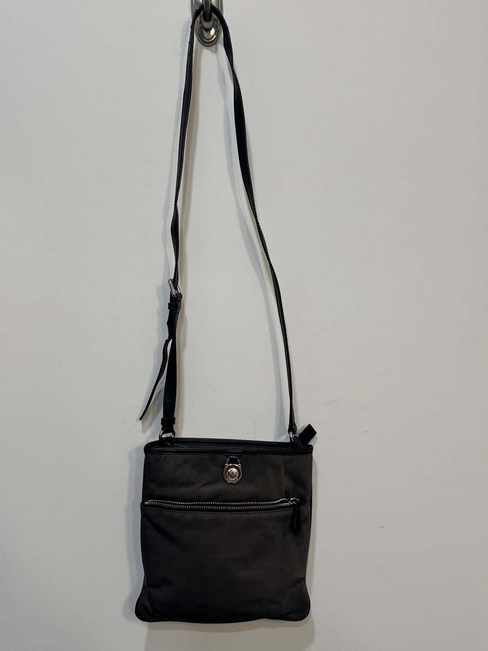 Michael Kors Kempton Nylon Crossbody Bag in Dark Gray Silver MK Lock Front Zip